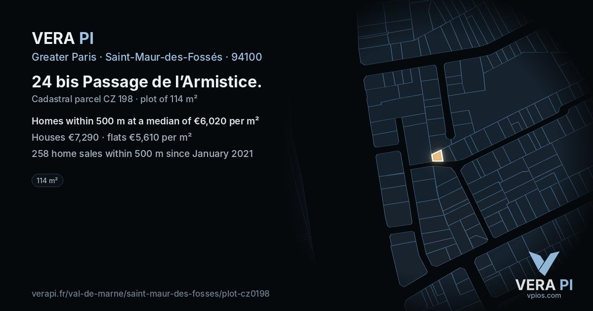 24 bis Passage de l’Armistice, Saint-Maur-des-Fossés at night – the plot lit, the parcels around coloured by the prices near them