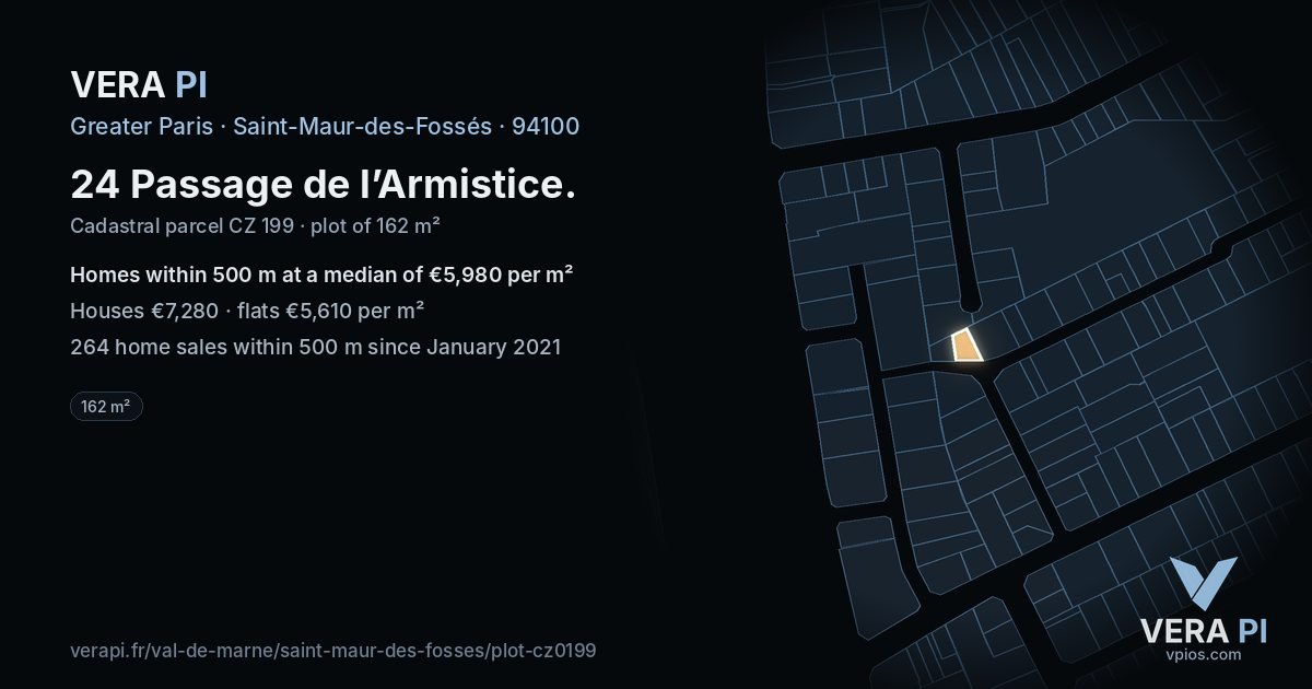 24 Passage de l’Armistice, Saint-Maur-des-Fossés at night – the plot lit, the parcels around coloured by the prices near them
