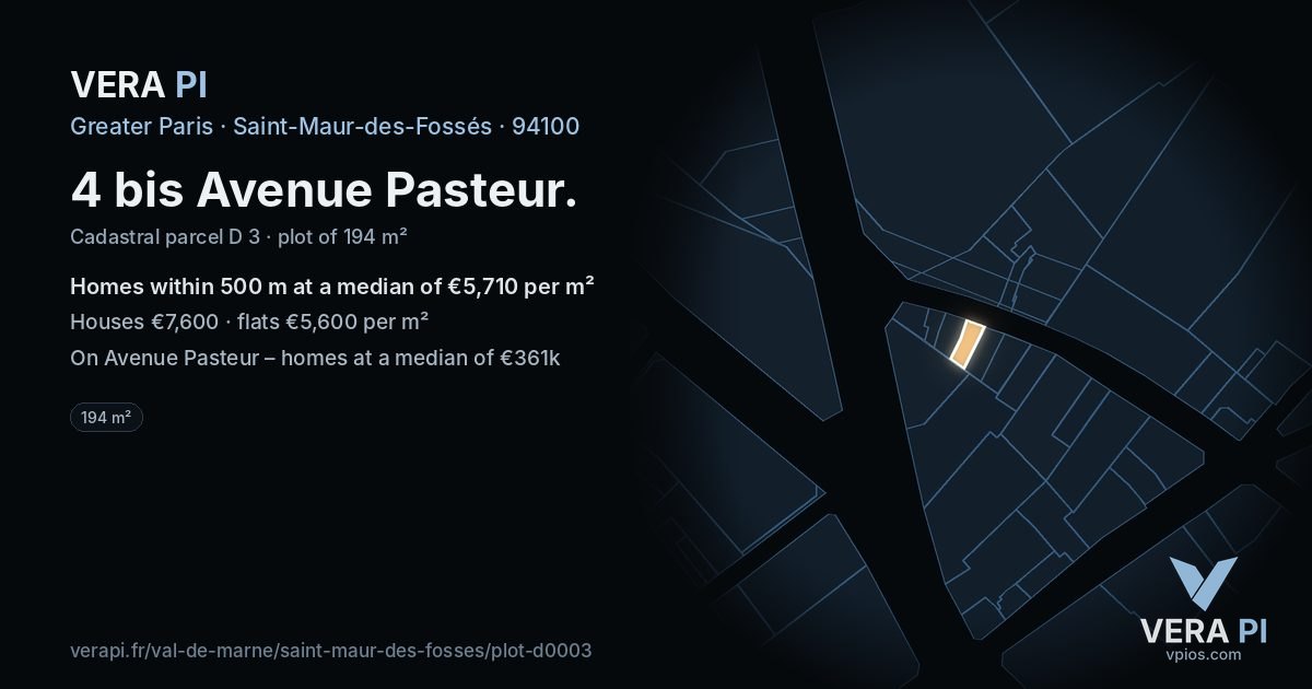 4 bis Avenue Pasteur, Saint-Maur-des-Fossés at night – the plot lit, the parcels around coloured by the prices near them