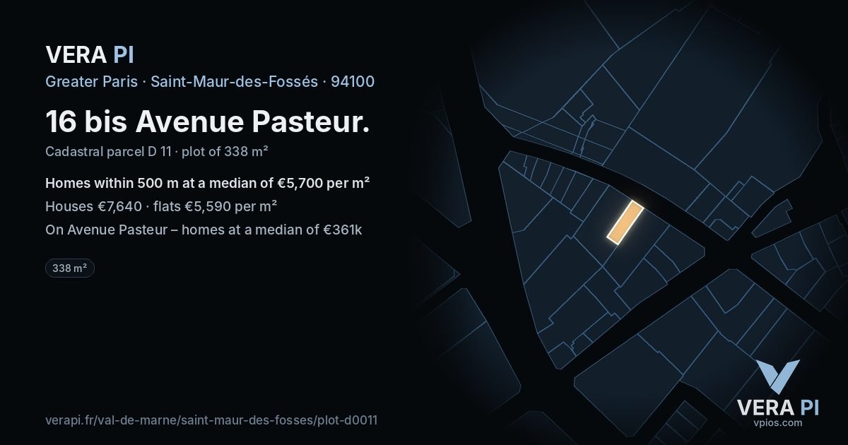 16 bis Avenue Pasteur, Saint-Maur-des-Fossés at night – the plot lit, the parcels around coloured by the prices near them