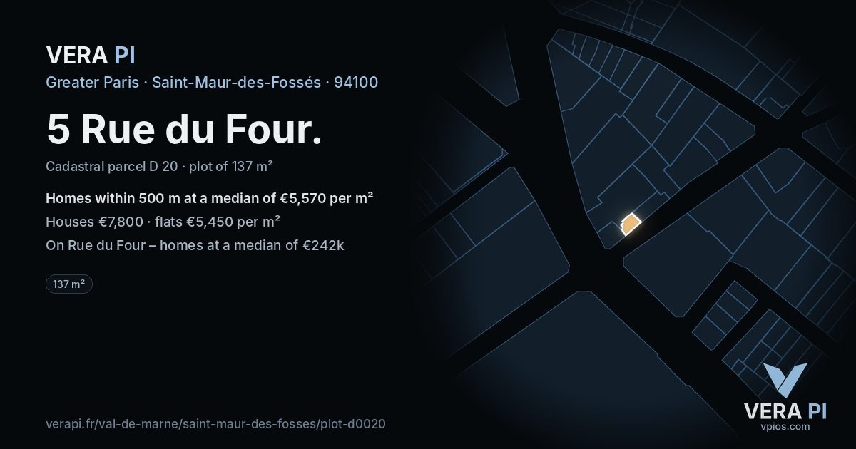5 Rue du Four, Saint-Maur-des-Fossés at night – the plot lit, the parcels around coloured by the prices near them