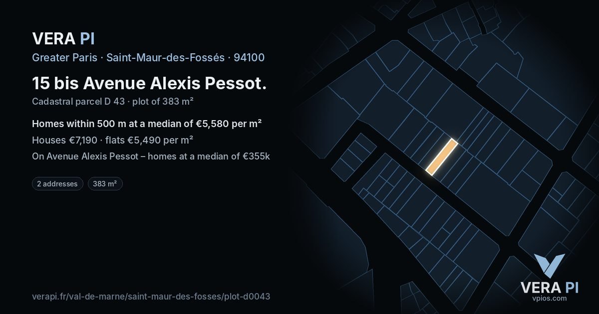 15 bis Avenue Alexis Pessot, Saint-Maur-des-Fossés at night – the plot lit, the parcels around coloured by the prices near them