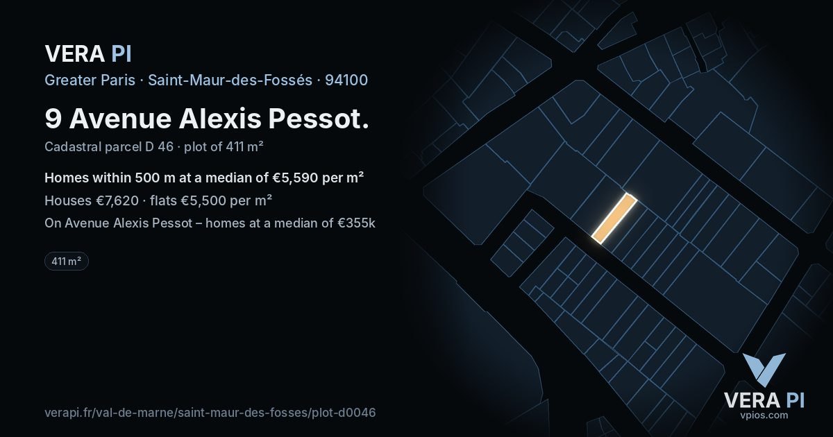 9 Avenue Alexis Pessot, Saint-Maur-des-Fossés at night – the plot lit, the parcels around coloured by the prices near them
