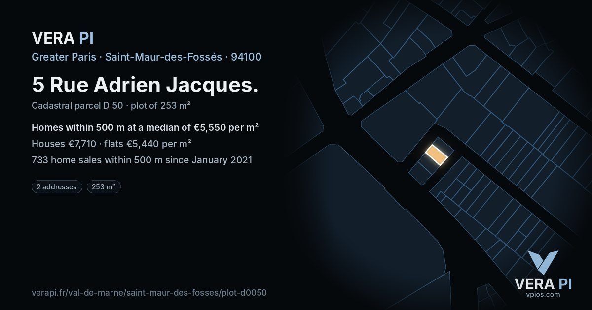 5 Rue Adrien Jacques, Saint-Maur-des-Fossés at night – the plot lit, the parcels around coloured by the prices near them