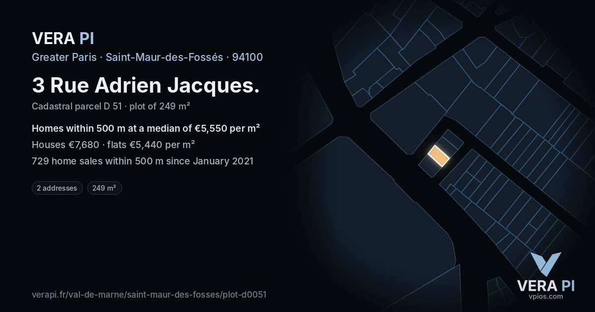3 Rue Adrien Jacques, Saint-Maur-des-Fossés at night – the plot lit, the parcels around coloured by the prices near them