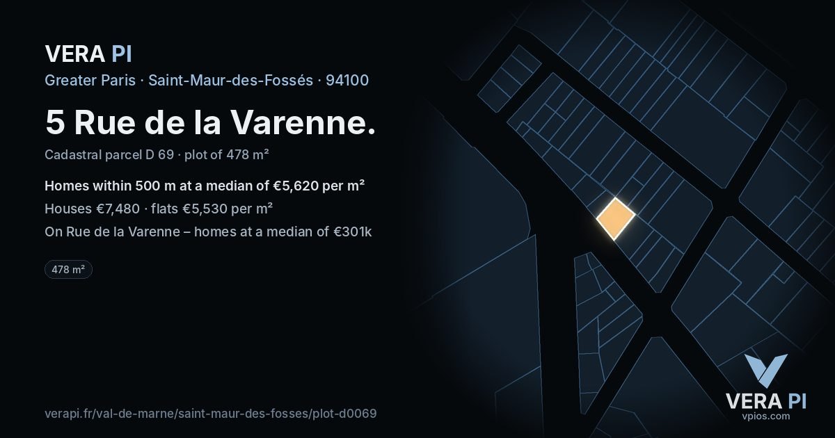 5 Rue de la Varenne, Saint-Maur-des-Fossés at night – the plot lit, the parcels around coloured by the prices near them