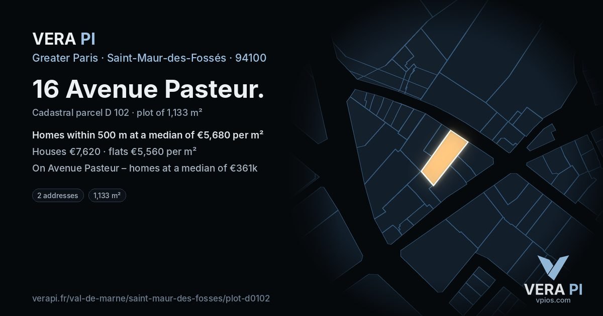 16 Avenue Pasteur, Saint-Maur-des-Fossés at night – the plot lit, the parcels around coloured by the prices near them