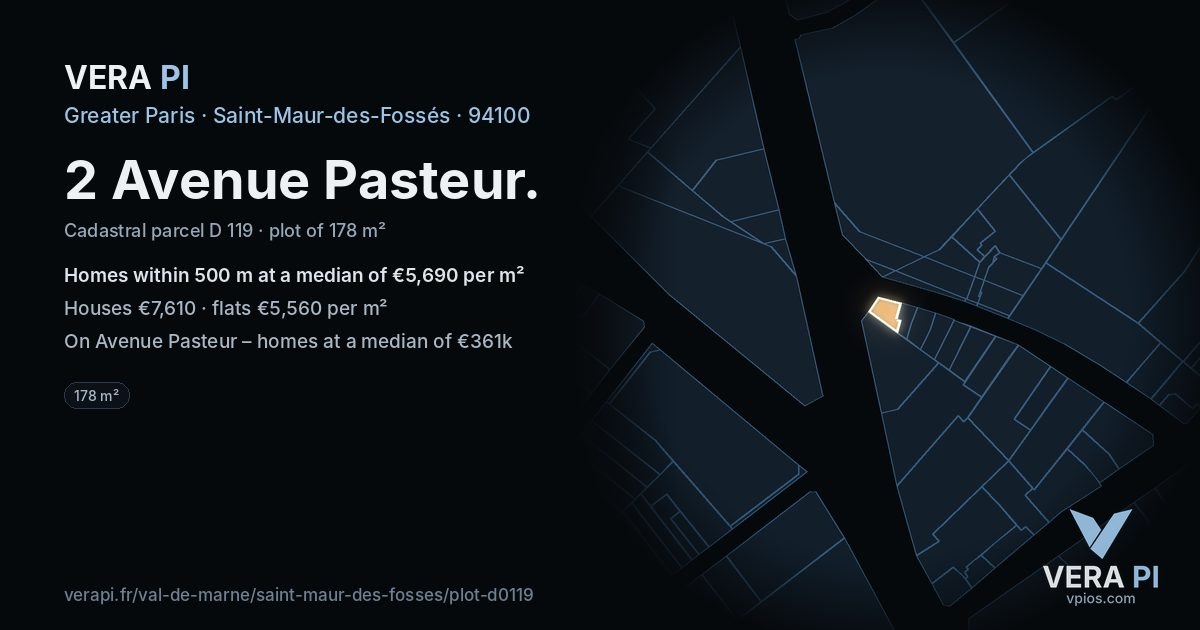 2 Avenue Pasteur, Saint-Maur-des-Fossés at night – the plot lit, the parcels around coloured by the prices near them