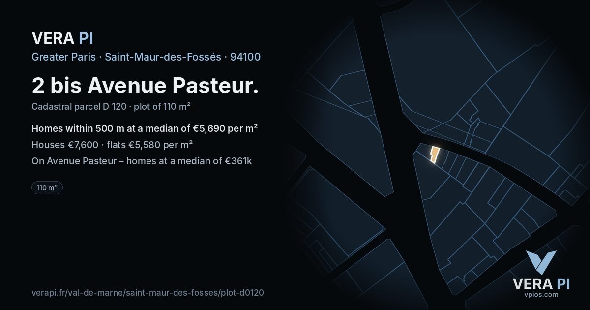 2 bis Avenue Pasteur, Saint-Maur-des-Fossés at night – the plot lit, the parcels around coloured by the prices near them