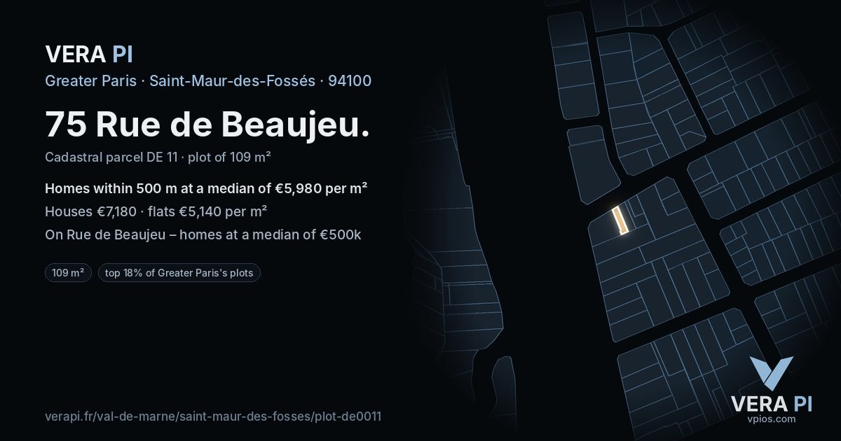 75 Rue de Beaujeu, Saint-Maur-des-Fossés at night – the plot lit, the parcels around coloured by the prices near them