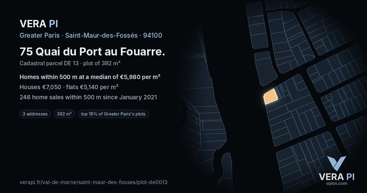 75 Quai du Port au Fouarre, Saint-Maur-des-Fossés at night – the plot lit, the parcels around coloured by the prices near them