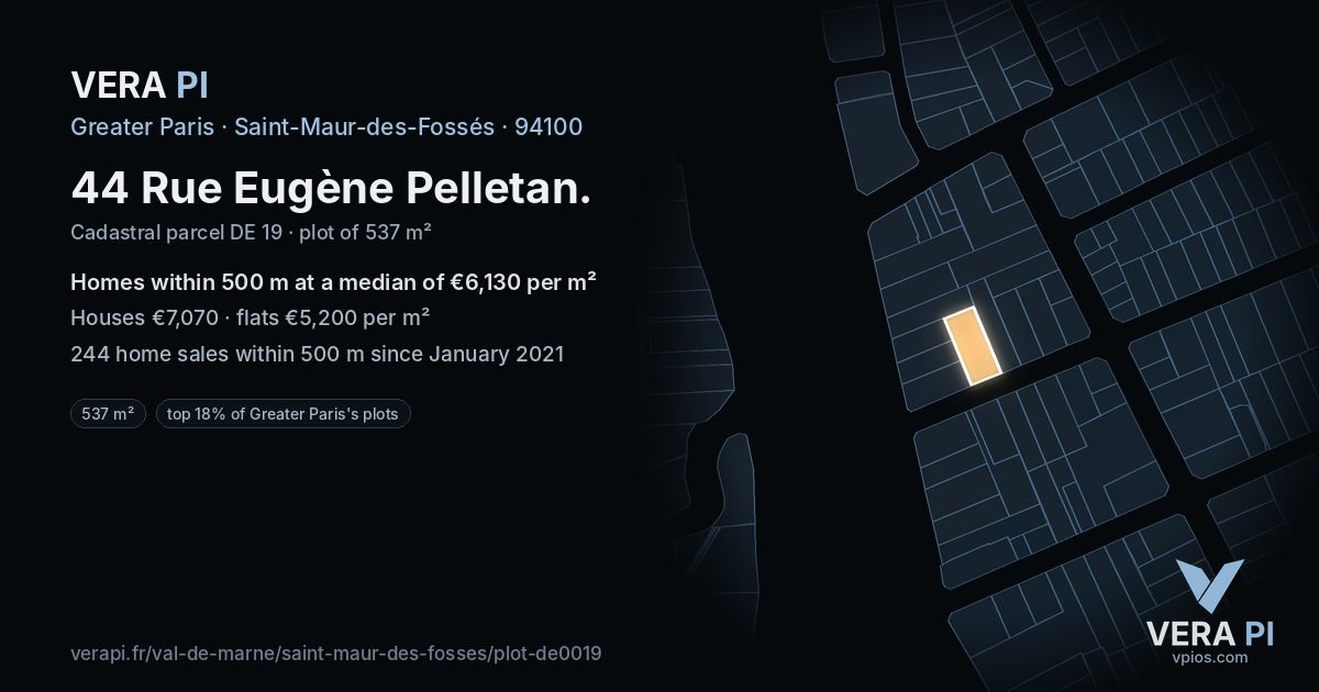44 Rue Eugène Pelletan, Saint-Maur-des-Fossés at night – the plot lit, the parcels around coloured by the prices near them