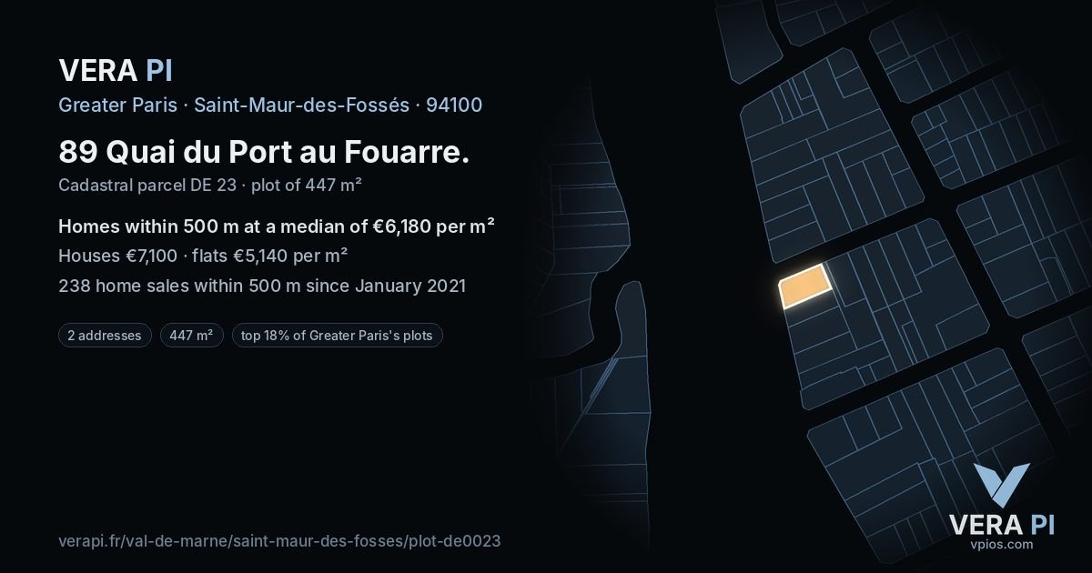 89 Quai du Port au Fouarre, Saint-Maur-des-Fossés at night – the plot lit, the parcels around coloured by the prices near them