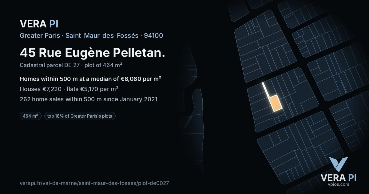 45 Rue Eugène Pelletan, Saint-Maur-des-Fossés at night – the plot lit, the parcels around coloured by the prices near them