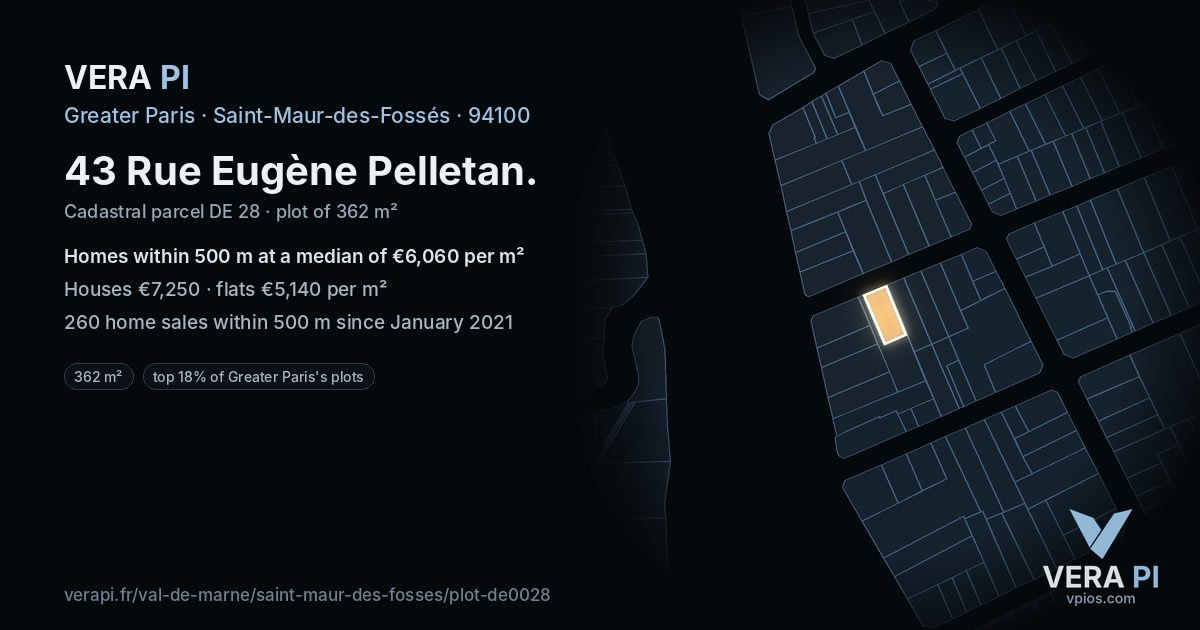 43 Rue Eugène Pelletan, Saint-Maur-des-Fossés at night – the plot lit, the parcels around coloured by the prices near them