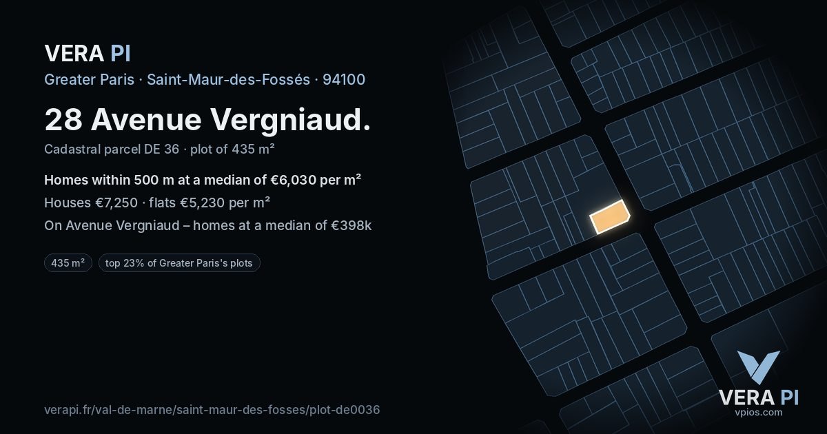 28 Avenue Vergniaud, Saint-Maur-des-Fossés at night – the plot lit, the parcels around coloured by the prices near them