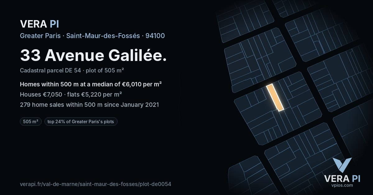 33 Avenue Galilée, Saint-Maur-des-Fossés at night – the plot lit, the parcels around coloured by the prices near them