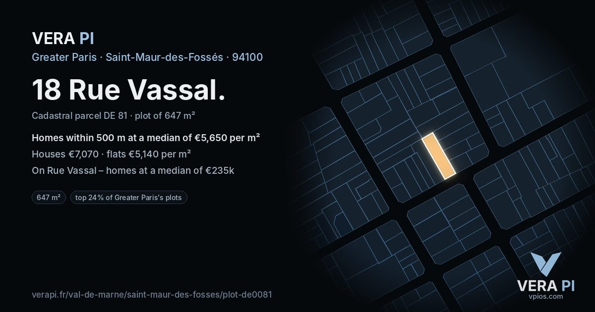 18 Rue Vassal, Saint-Maur-des-Fossés at night – the plot lit, the parcels around coloured by the prices near them