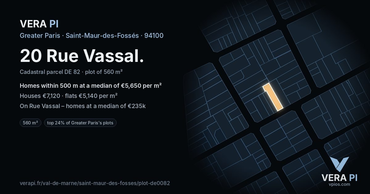 20 Rue Vassal, Saint-Maur-des-Fossés at night – the plot lit, the parcels around coloured by the prices near them
