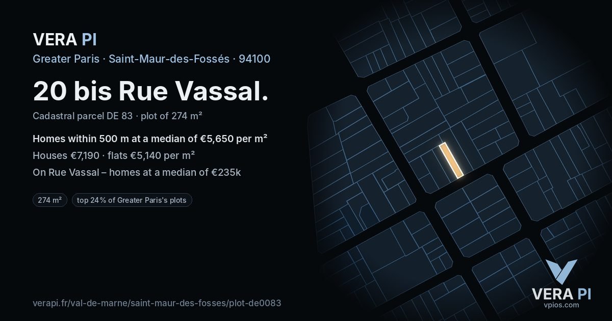 20 bis Rue Vassal, Saint-Maur-des-Fossés at night – the plot lit, the parcels around coloured by the prices near them