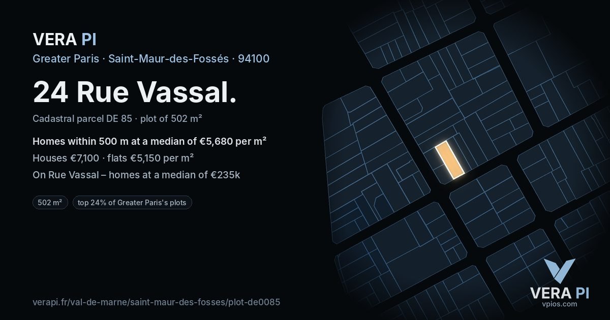 24 Rue Vassal, Saint-Maur-des-Fossés at night – the plot lit, the parcels around coloured by the prices near them