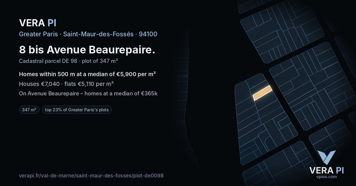 8 bis Avenue Beaurepaire, Saint-Maur-des-Fossés at night – the plot lit, the parcels around coloured by the prices near them