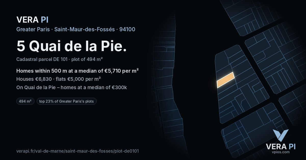 5 Quai de la Pie, Saint-Maur-des-Fossés at night – the plot lit, the parcels around coloured by the prices near them