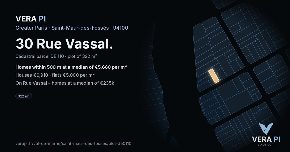 30 Rue Vassal, Saint-Maur-des-Fossés at night – the plot lit, the parcels around coloured by the prices near them