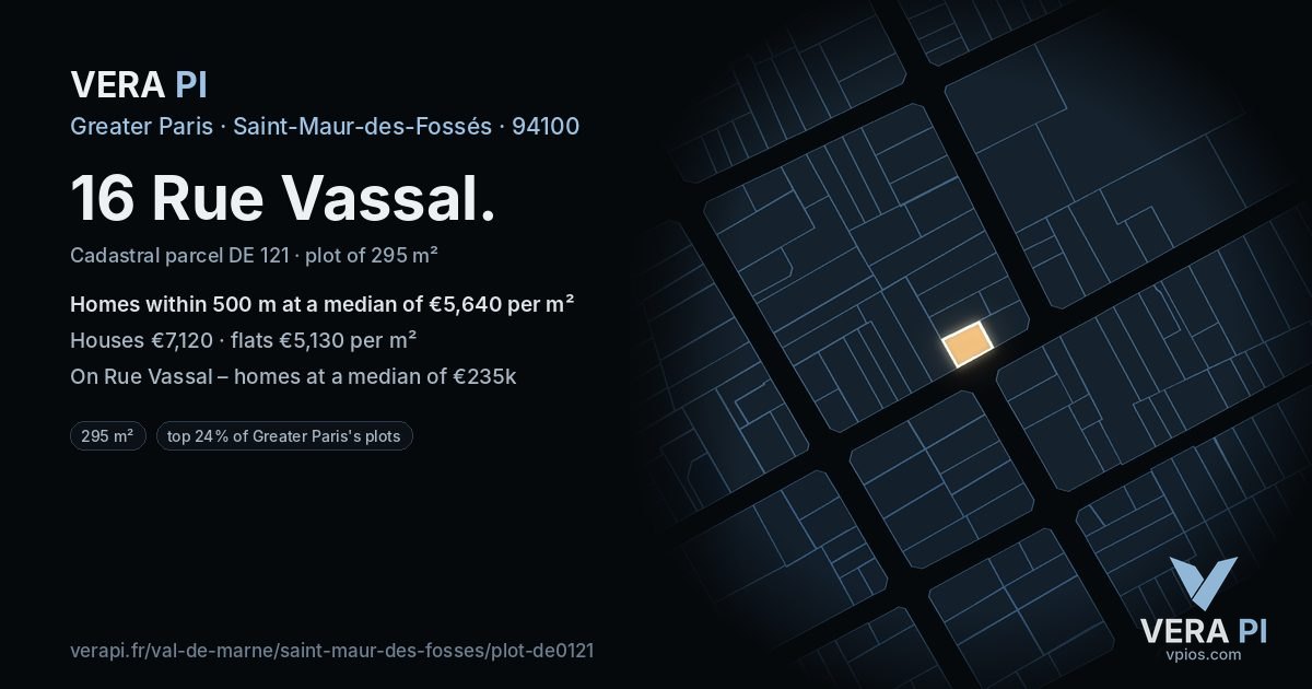 16 Rue Vassal, Saint-Maur-des-Fossés at night – the plot lit, the parcels around coloured by the prices near them