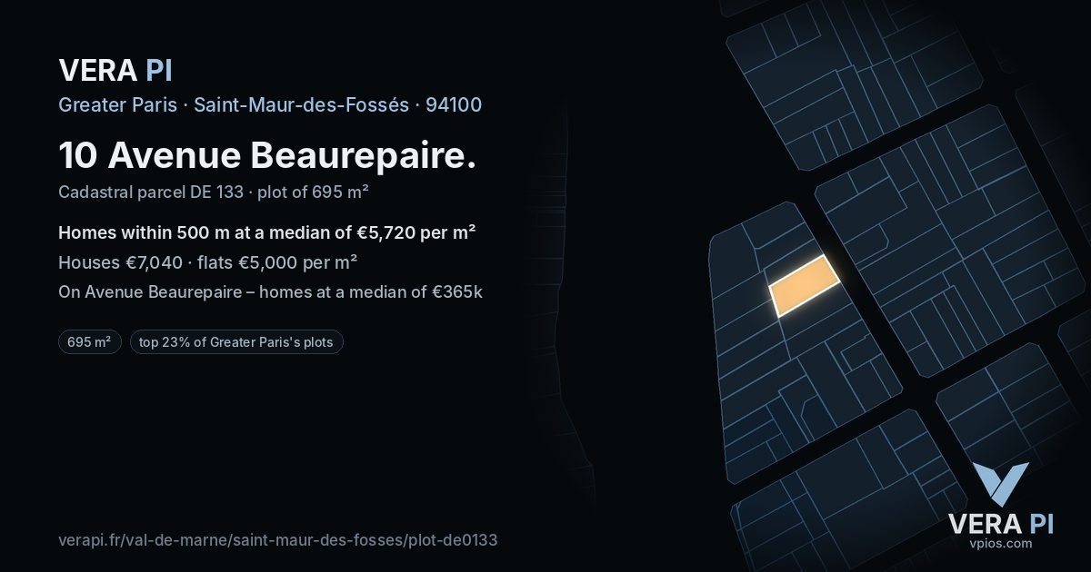 10 Avenue Beaurepaire, Saint-Maur-des-Fossés at night – the plot lit, the parcels around coloured by the prices near them