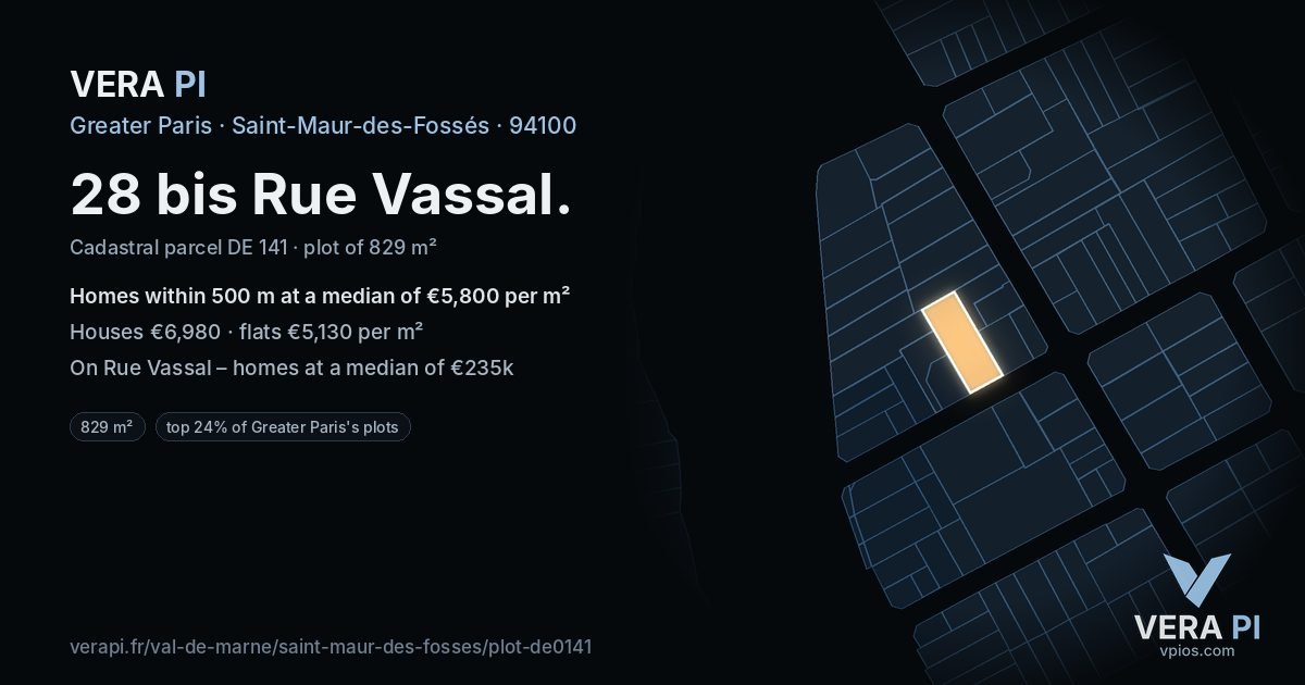 28 bis Rue Vassal, Saint-Maur-des-Fossés at night – the plot lit, the parcels around coloured by the prices near them