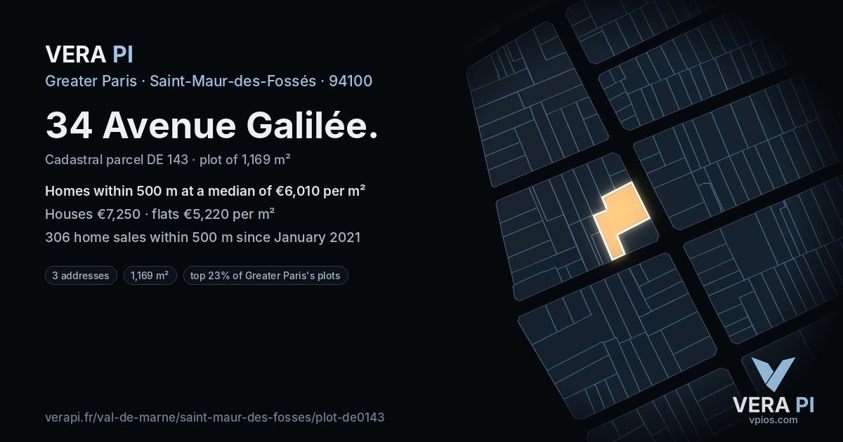34 Avenue Galilée, Saint-Maur-des-Fossés at night – the plot lit, the parcels around coloured by the prices near them