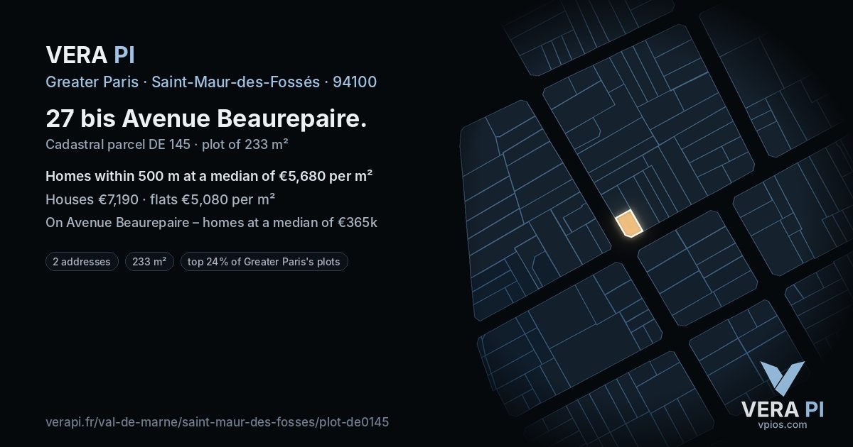 27 bis Avenue Beaurepaire, Saint-Maur-des-Fossés at night – the plot lit, the parcels around coloured by the prices near them