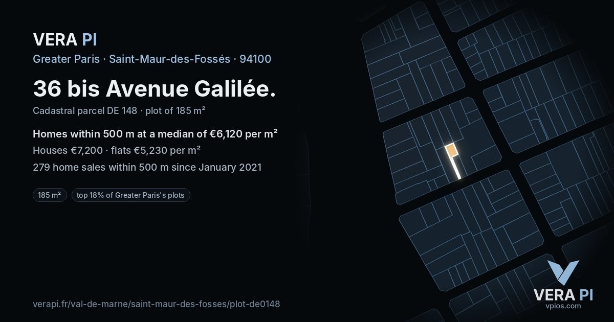 36 bis Avenue Galilée, Saint-Maur-des-Fossés at night – the plot lit, the parcels around coloured by the prices near them