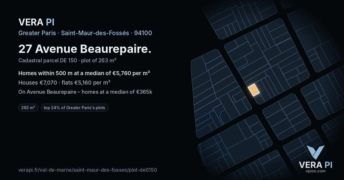27 Avenue Beaurepaire, Saint-Maur-des-Fossés at night – the plot lit, the parcels around coloured by the prices near them