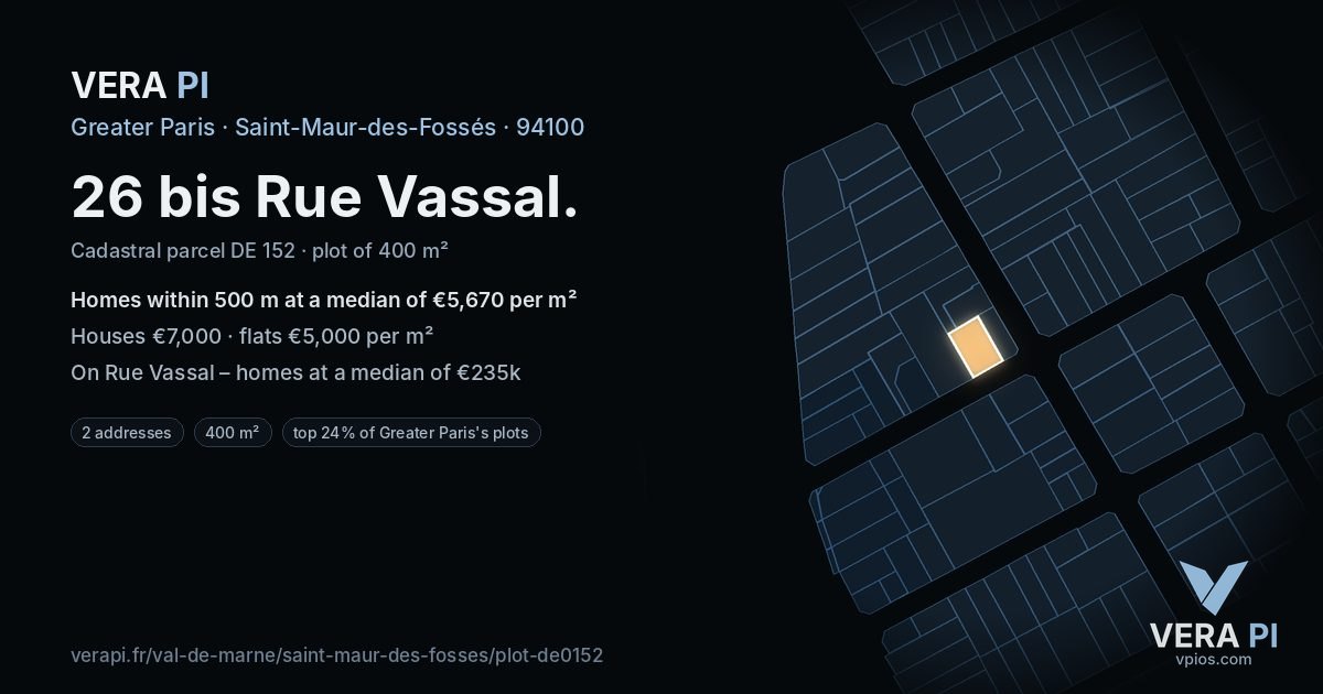26 bis Rue Vassal, Saint-Maur-des-Fossés at night – the plot lit, the parcels around coloured by the prices near them