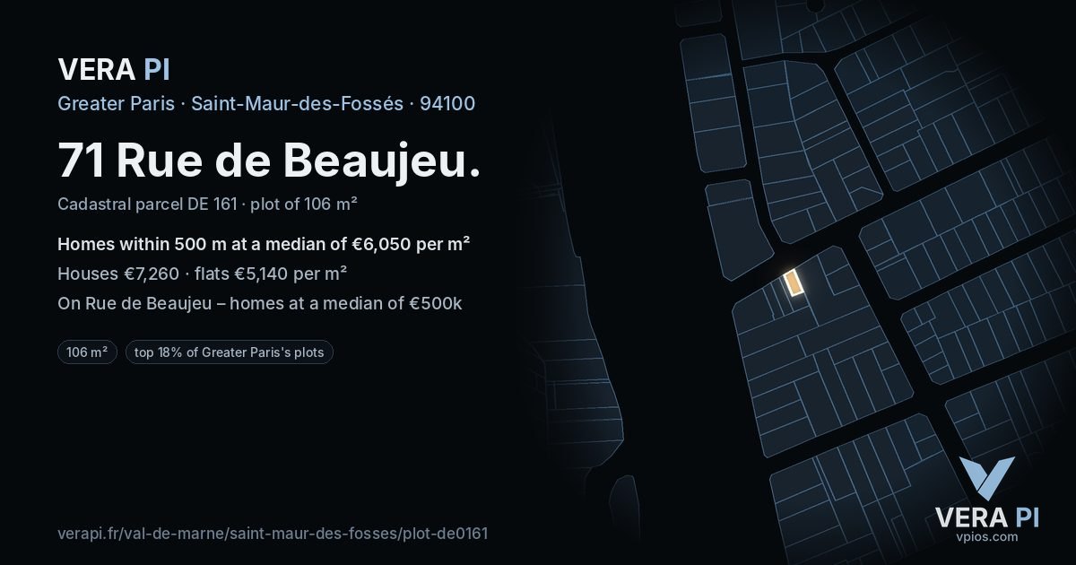 71 Rue de Beaujeu, Saint-Maur-des-Fossés at night – the plot lit, the parcels around coloured by the prices near them