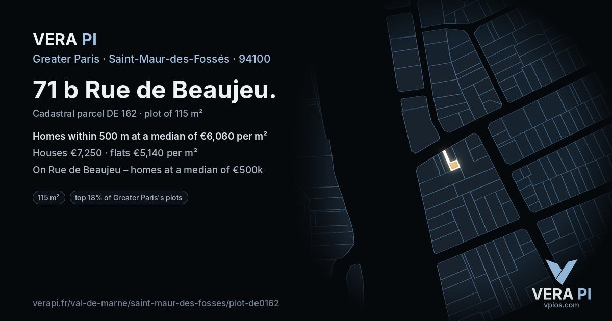 71 b Rue de Beaujeu, Saint-Maur-des-Fossés at night – the plot lit, the parcels around coloured by the prices near them
