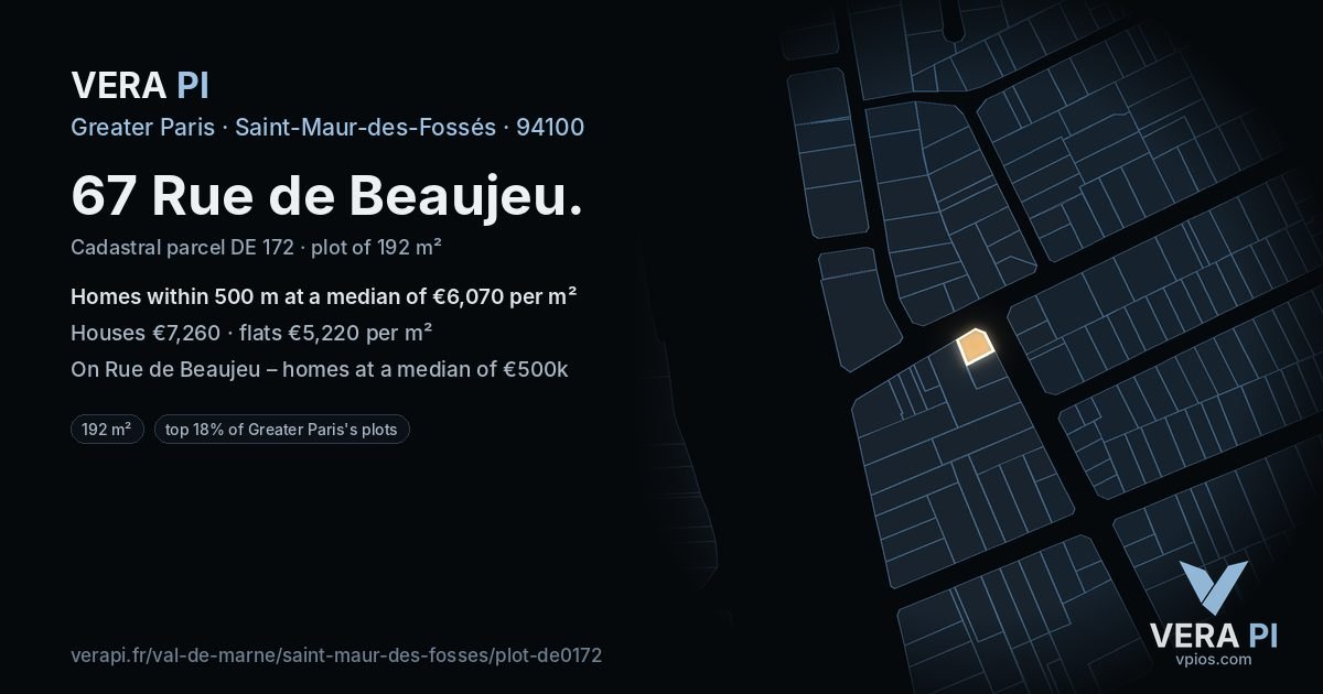 67 Rue de Beaujeu, Saint-Maur-des-Fossés at night – the plot lit, the parcels around coloured by the prices near them