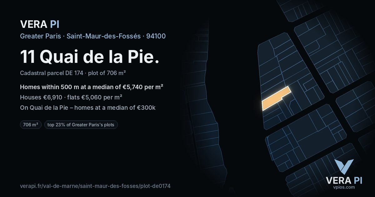 11 Quai de la Pie, Saint-Maur-des-Fossés at night – the plot lit, the parcels around coloured by the prices near them