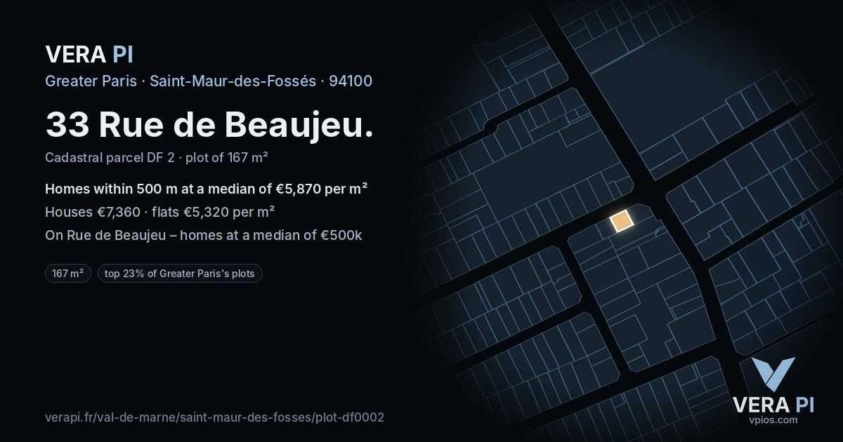 33 Rue de Beaujeu, Saint-Maur-des-Fossés at night – the plot lit, the parcels around coloured by the prices near them