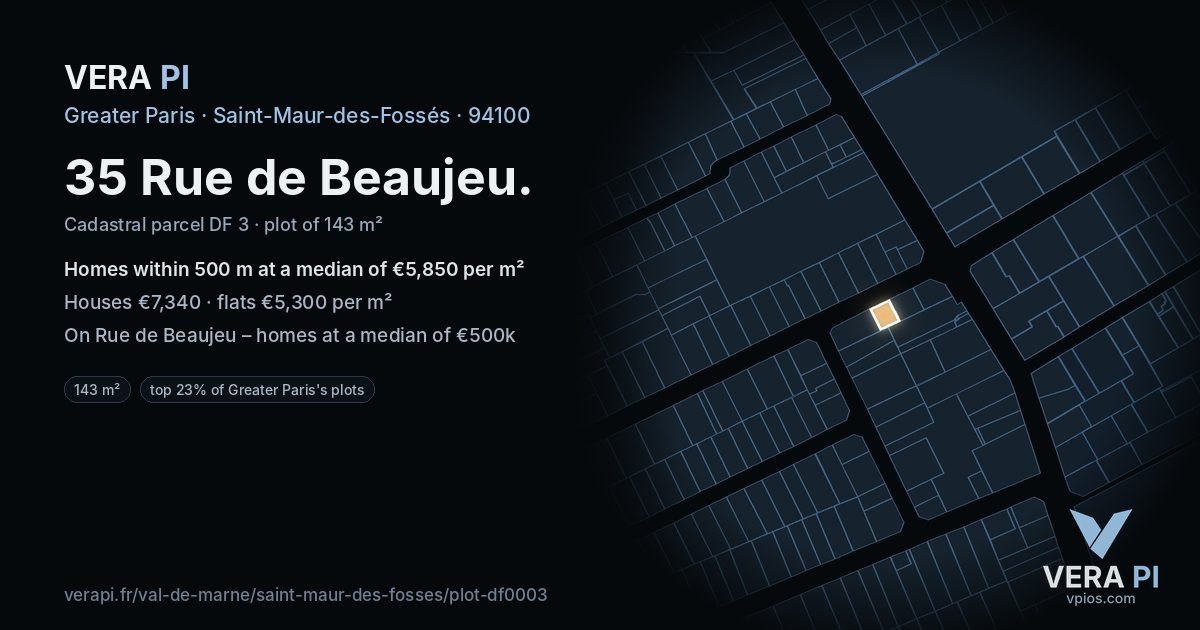 35 Rue de Beaujeu, Saint-Maur-des-Fossés at night – the plot lit, the parcels around coloured by the prices near them