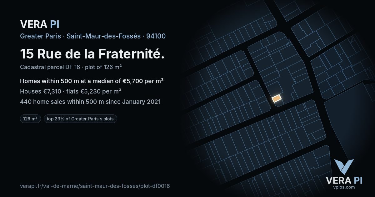 15 Rue de la Fraternité, Saint-Maur-des-Fossés at night – the plot lit, the parcels around coloured by the prices near them