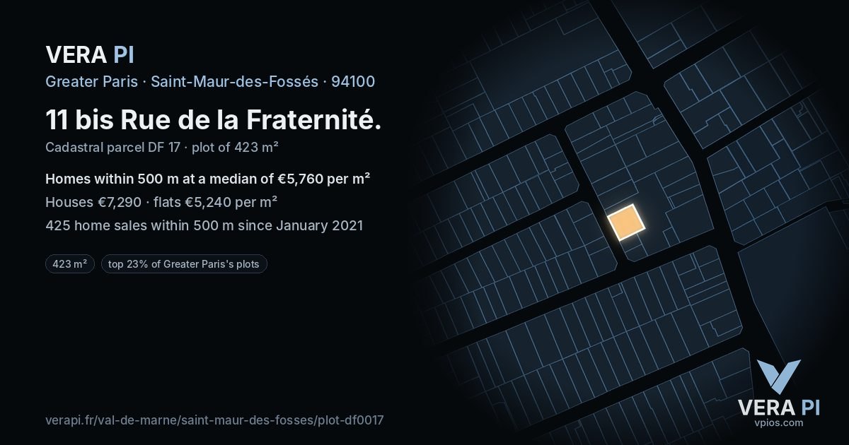 11 bis Rue de la Fraternité, Saint-Maur-des-Fossés at night – the plot lit, the parcels around coloured by the prices near them