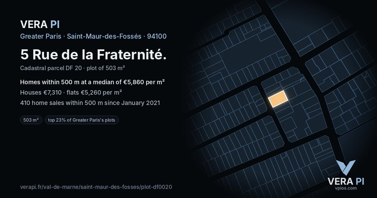 5 Rue de la Fraternité, Saint-Maur-des-Fossés at night – the plot lit, the parcels around coloured by the prices near them