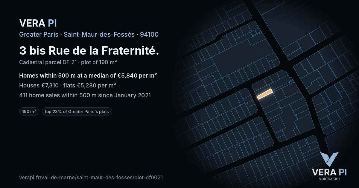 3 bis Rue de la Fraternité, Saint-Maur-des-Fossés at night – the plot lit, the parcels around coloured by the prices near them