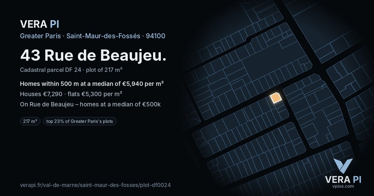 43 Rue de Beaujeu, Saint-Maur-des-Fossés at night – the plot lit, the parcels around coloured by the prices near them