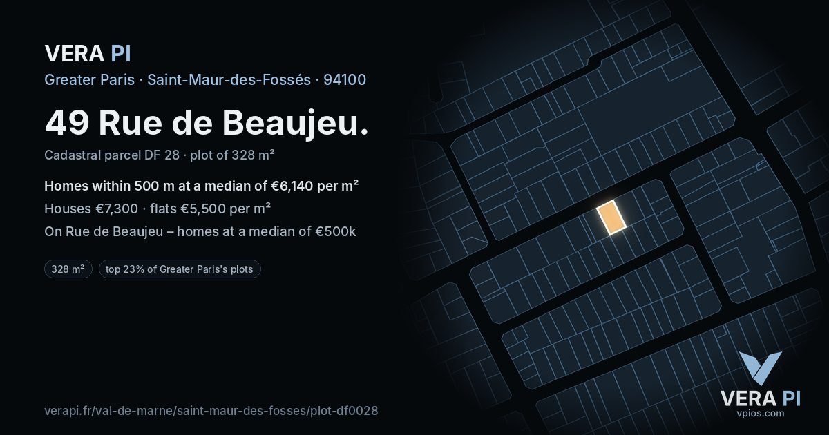49 Rue de Beaujeu, Saint-Maur-des-Fossés at night – the plot lit, the parcels around coloured by the prices near them