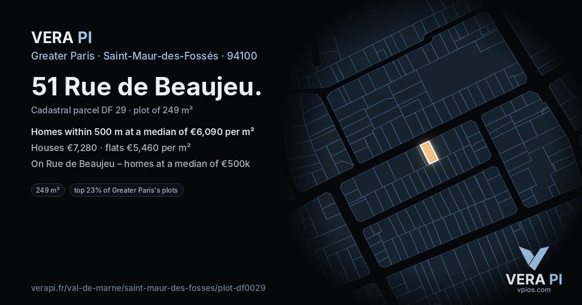51 Rue de Beaujeu, Saint-Maur-des-Fossés at night – the plot lit, the parcels around coloured by the prices near them