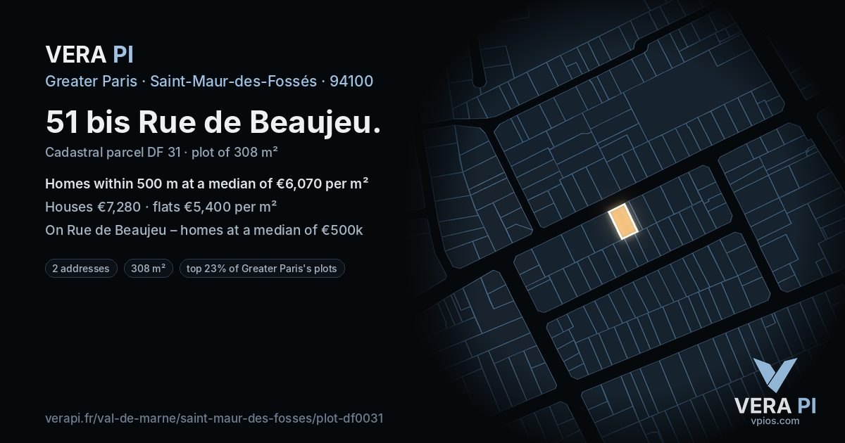 51 bis Rue de Beaujeu, Saint-Maur-des-Fossés at night – the plot lit, the parcels around coloured by the prices near them